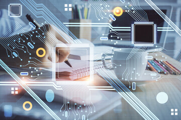 Double exposure of hands making notes with digital coding icons. Computer learning concept.