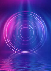 Abstract dark futuristic background. Neon light beams, circle laser shape are reflected from water. Background of empty stage show, beach party. 3d illustration
