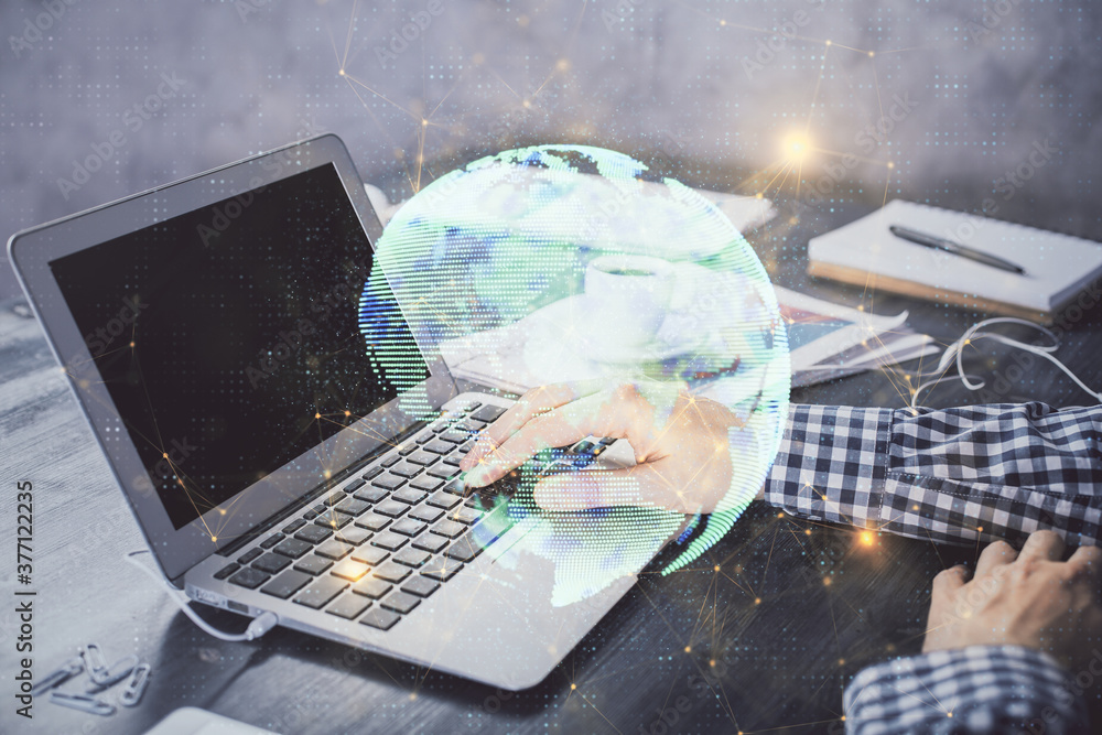 Poster Social network theme hologram with businessman working on computer on background. Concept of world wide web. Double exposure.