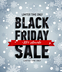 Black friday sale poster on ropes. Sale poster with red ribbon on snowy background. Seasonal sale. Online shopping. Discount up to 90 .