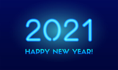 2021 Happy New Year. Vector greeting card with turquoise glowing 2021 neon numbers on a dark background