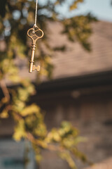 Brass Key Hanging from string on tree outdoors with blurry background