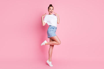 Full size photo of cheerful astonished girl impressed news information wear white good look mood outfit isolated over pastel color background