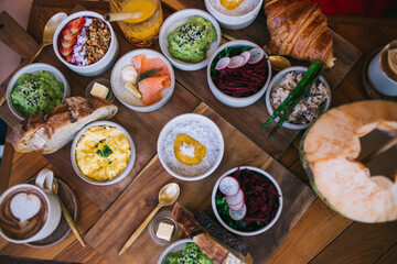 Variety of exotic dishes in round bowls