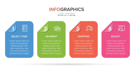 Concept of shopping process with 4 successive steps. Four colorful graphic elements. Timeline design for brochure, presentation, web site. Infographic design layout.