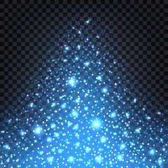 Blue glitter sparkles and glowing luminous stardust on dark  transparent background. Flying shiny Christmas sparks with lshimmer light effect, luxury decorative backdrop. Vector illustration