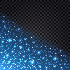 Blue glitter sparkles and glowing luminous stardust on dark background. Flying shiny Christmas parks with shimmer light effect, luxury decorative backdrop. Vector illustration