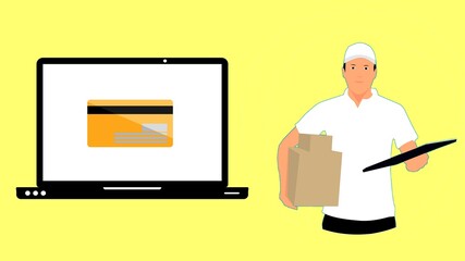 An illustration 3D of the e-commerce with a laptop and a delivery boy