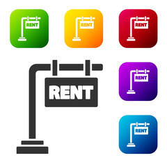 Black Hanging sign with text Rent icon isolated on white background. Signboard with text For Rent. Set icons in color square buttons. Vector Illustration.