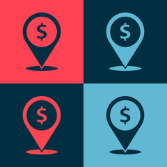 Pop art Cash location pin icon isolated on color background. Pointer and dollar symbol. Money location. Business and investment concept. Vector Illustration.