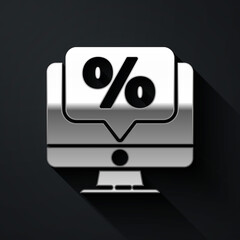 Silver Percent discount and monitor icon isolated on black background. Sale percentage - price label, tag. Long shadow style. Vector Illustration.