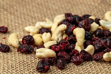 Cashews and cranberries. Mix of nuts and dried fruits  on burlap.