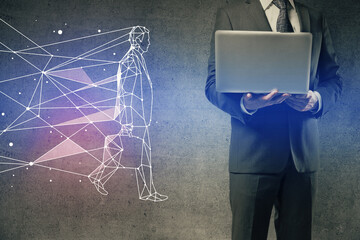 Start up drawings with businessman working on computer on background. Teamwork concept. Double exposure.