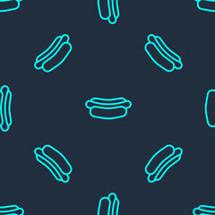 Green line Hotdog sandwich icon isolated seamless pattern on blue background. Sausage icon. Fast food sign. Vector Illustration.