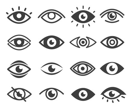 Eyes in different styles bold black silhouette icons set isolated on white. Vision test, lenses pictograms.