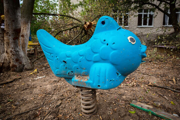 Broken Kindergarten after shelling. War in Donbass. Eastern Ukraine.