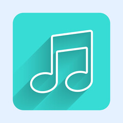 White line Music note, tone icon isolated with long shadow. Green square button. Vector Illustration.