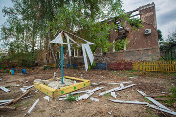 Fototapeta na wymiar Broken Kindergarten after shelling. War in Donbass. Eastern Ukraine.