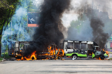 Burnt trolleybus. War in Donbass. Eastern Ukraine.