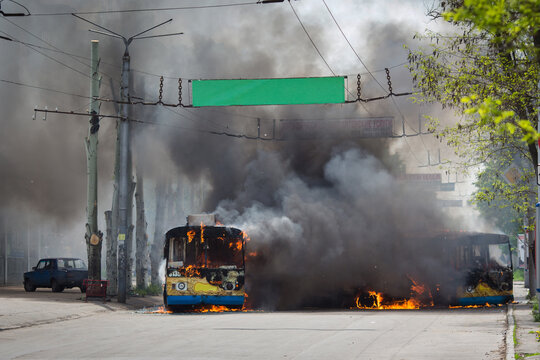 Burnt trolleybus. War in Donbass. Eastern Ukraine.