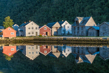 The beautiful old village of Lærdalsoyri, Vestland, Norway. Once a major trading port between east and west Norway.  Well preserved historical center dating from 1700-1800