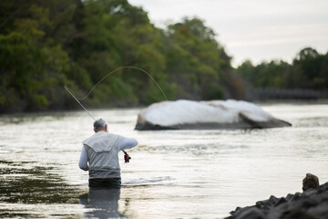 An older fly fisherman casting his line in a river at Sunken Meadow State Park, New York