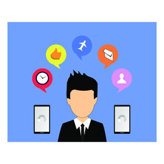 businessman surrounded by icons inside colorful bubble, phone
