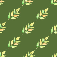 Cute seamless pattern with watercolor abstract autumn leaves in light green and brown colors.Natural elements on .olive background.Can be used for fabric,textile,wallpaper,wrapping,packeging,cards.