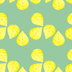 Beautiful watercolor seamless pattern with autumn yellow birch leaves for your design projects (fabrics,wrapping paper,wallpaper,textiles,bedclothes,packaging).On blue background.Handdrawn.