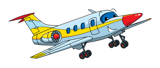 Funny business jet plane with eyes. Kids illustration