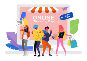 Set of young customers happy shopping online