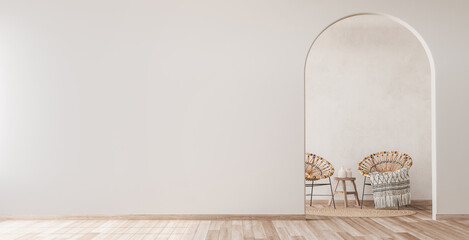 Interior mock up with wooden rattan armchairs, trendy carpet and stylish home accessories on beige wall background. Scandinavian style, panorama, 3d render   © lilasgh