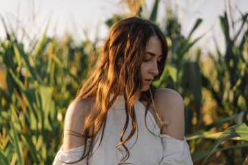 A young girl in a cornfield with a spike of wheat in your mouth. Unity with nature