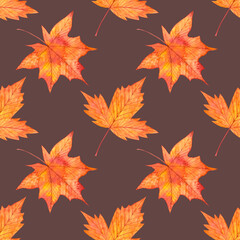Naklejka na ściany i meble Autumn watercolor seamless pattern with red maple leaves.Hand drawn illustration on purple background.Seasonal ornament for fabric,textile,wallpaper,wrapping paper,gifts,thanksgiving design projects.