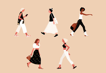 Crowd of tiny people wearing stylish clothes. Fashionable men and women, outdoor activities. Group of male and female cartoon characters walking, dancing, running. Flat vector illustration.