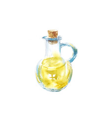 Hand drawn watercolor sketch of olive oil bottle with a handle and cork