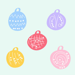 Set of cute cartoon color christmas decoration balls, doodle vector drawing
