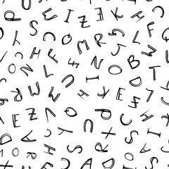 Monochrome seamless pattern, english alphabet, black letters, white background. Design for wallpaper, fabric, textile, packaging, wedding design. Vintage art. Imitation ink