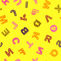 Colorful seamless pattern, english and latin alphabet. Vintage art. 