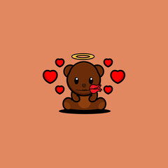 Cute Brown Teddy Bear with A Flower Cartoon Character Vector Illustration