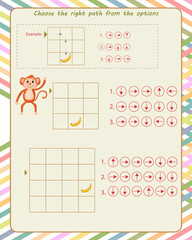 Logic game for children. find the correct path according to the arrows