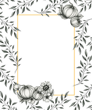 vintage autumn card template for save the date, wedding invites or greeting cards, golden frame with pumpkins and leaf hand drawn decorations, black and white autumn frame