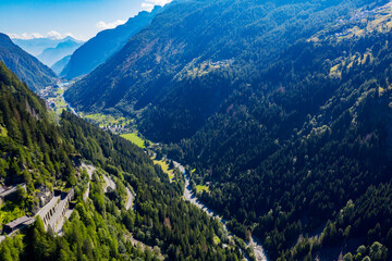 Aerial view from Pianazzo toward Campodolcino in Vallespluga, Italy