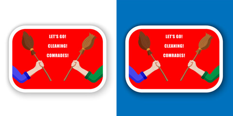 Cleaning service, house cleaning, a two female hands that holds a brooms. Sticker with white outline and shadow