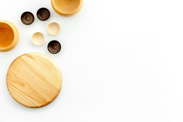 Making wooden dishes. Village table with wooden cutlery set rustic background top view mockup
