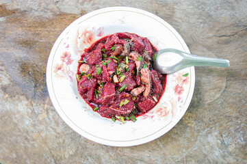 The meal is made from raw beef and mixed with cow blood.