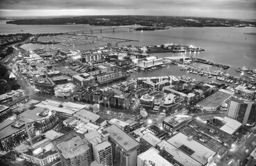 AUCKLAND, NEW ZEALAND - AUGUST 26, 2018: Aerial city view at sunset