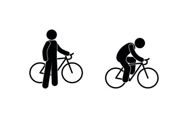 cyclist icon, stick figure pictogram set man rides a bicycle, isolated human silhouettes