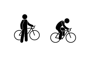 Fototapeta premium cyclist icon, stick figure pictogram set man rides a bicycle, isolated human silhouettes