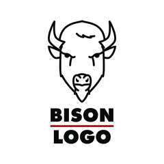 Fototapeta premium Bison minimal logo design, outline modern flat vector art - angry front face wild animal fight